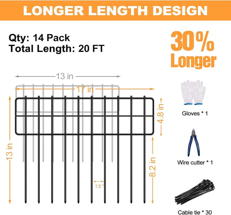 KYATE Garden Fence Animal Barrier, 14 Panels No Dig Fence 20ft(L) x13in(H), Rustproof Metal Defense Border, Dogs Rabbits Blocker Fence for Outdoor Yard & Patio - Image 2